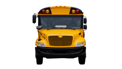 Front view of a yellow school bus with black grille and lights, isolated on transparent background © Emilia