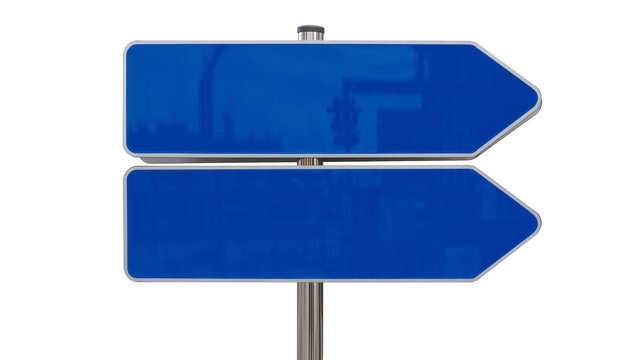 Two blank blue directional arrow signs on metal pole, isolated on transparent background