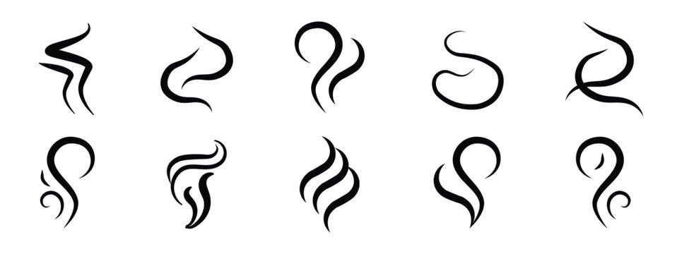 Smoke steam icon vector logo set. Black smoke smell, steam aroma heat icon with decorative swirls. Hot vapor fire doodle line logo. Hit stink, coffee, fragrance flame elements. Vector illustration.