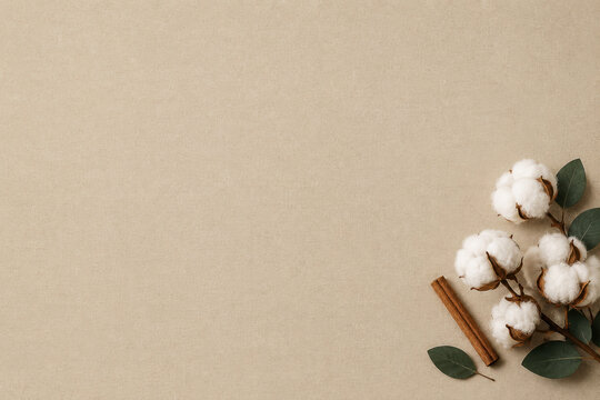 Minimalist new year background with cotton flowers and cinnamon sticks on textured beige paper