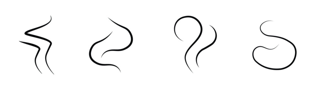 Smoke steam icon set. Aromas wavy icons set. Black silhouette steam, symbol smell smoking or stench. Simple template odour scent. Sign heat water or hot smoke. Isolated on white vector illustration
