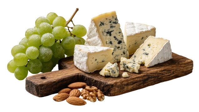 Assortment of gourmet cheeses with green grapes and nuts on a wooden board, isolated on transparent background