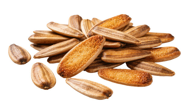 Pile of roasted sunflower seeds with striped shells, isolated on transparent background