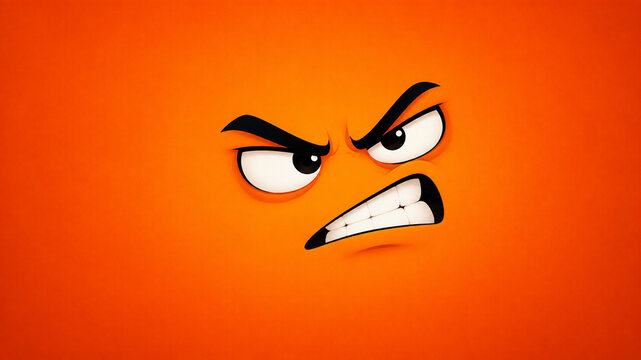Angry Cartoon Face with Intense Expression on Red Orange Background