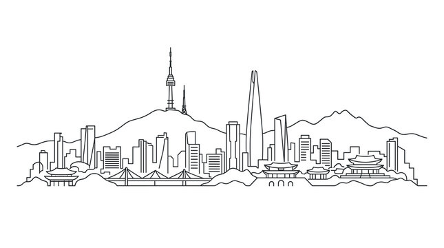 Seoul South Korea City Skyline Illustration Featuring Tower Landmark Modern Skyscraper and Traditional Architecture in a Simple Thin Black Line Art Style on White Background