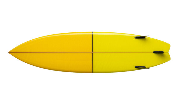 Bright yellow surfboard with black fins, isolated on transparent background