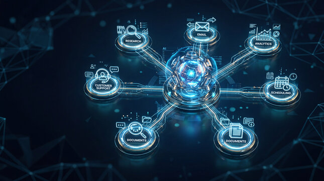 A luminous digital orb connects various business functions like research, email, analytics, documents, and customer support in a network.