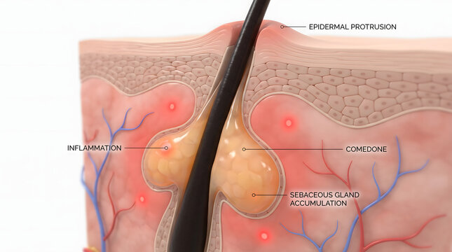 A detailed 3D medical illustration showcasing the intricate process of acne formation within the human skin. It highlights the hair follicle, sebaceous glands, inflammation, comedones, and sebaceou...