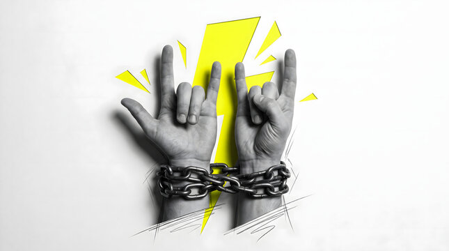 A striking conceptual collage featuring two human hands in metal chains making the rock and roll gesture, contrasted against a vibrant yellow lightning bolt graphic on a clean white background, sym...
