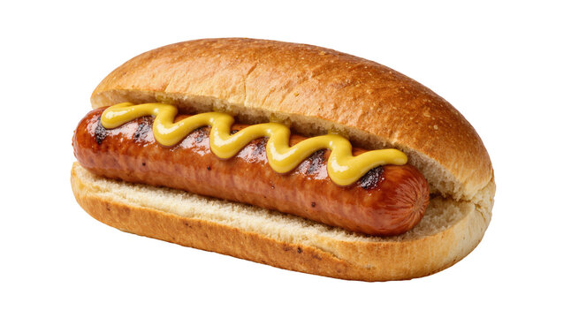 Grilled sausage with mustard in a bun, isolated on transparent background