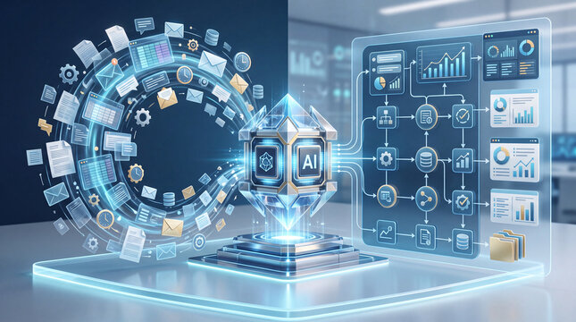 A futuristic AI crystal acts as a central processing unit, surrounded by a circular array of digital information and a workflow diagram.