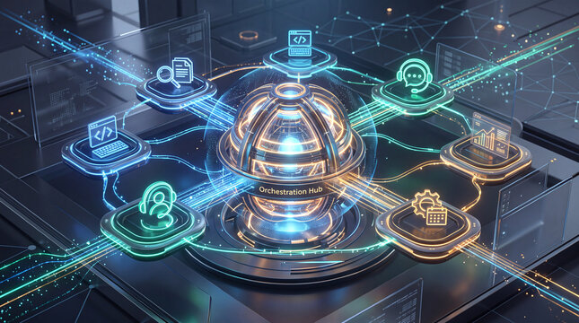 A central technological orchestration hub connects various business functions and digital assets through streams of light and data.