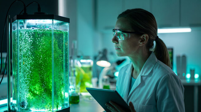 Female scientist examining glowing green microalgae bioreactor in laboratory
