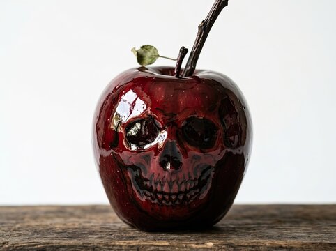 Dark Red Glossy Apple with a Human Skull Face Carved into it on a Rustic Wooden Table for Halloween Concept