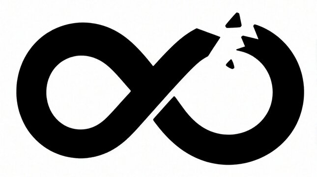 Broken infinity symbol icon on white background. Black mathematical loop with fracture, gap. Concept of end of eternity, finite time broken cycle. Minimalist graphic design representing limitation,