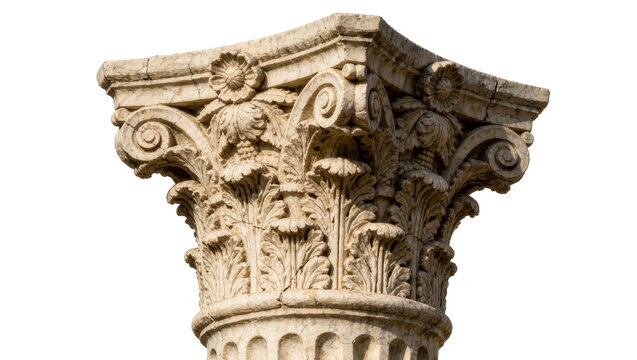 Ornate Corinthian column capital with acanthus leaves and scrolls, isolated on transparent background