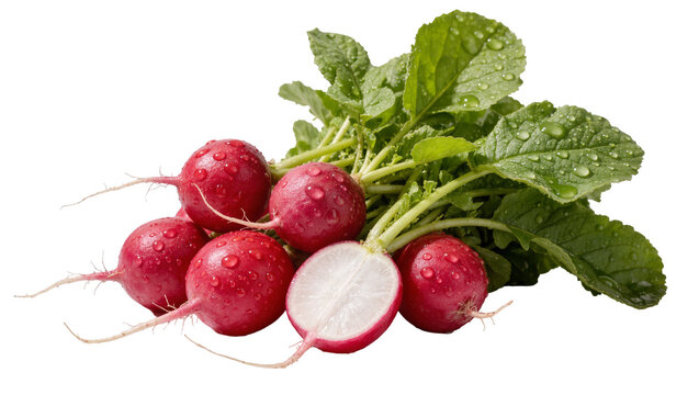 Fresh red radishes with green leaves and water droplets, isolated on transparent background