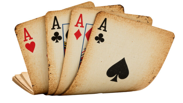 Four vintage aces playing cards fanned out, isolated on transparent background