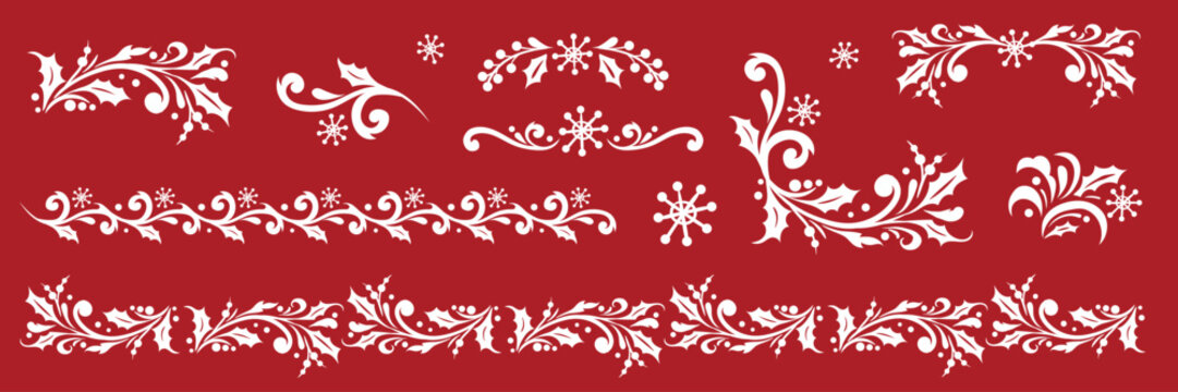 White on red Christmas borders featuring holly, snowflakes, and flourishes. Vector ornaments in a Russian folk style for holiday cards and gift wrapping. Slavic decorative motifs.