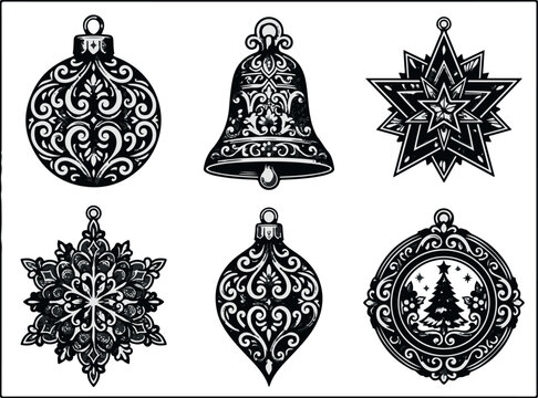 Set of Christmas Bells and Festive Ornaments with Snowflakes, Gift Decorations and Holiday Winter Vector Illustration for Christmas and New Year Design