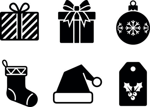 Set of Christmas Icons with Gift, Tree, Santa Hat, Cake and Holiday Celebration Symbols Vector Illustration for Festive Design