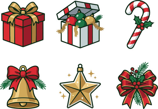 Set of Christmas Gift Boxes with Ribbons, Bows, Holiday Presents, Snowflakes and Festive Decorations Vector Illustration for Winter Celebration and Xmas Design