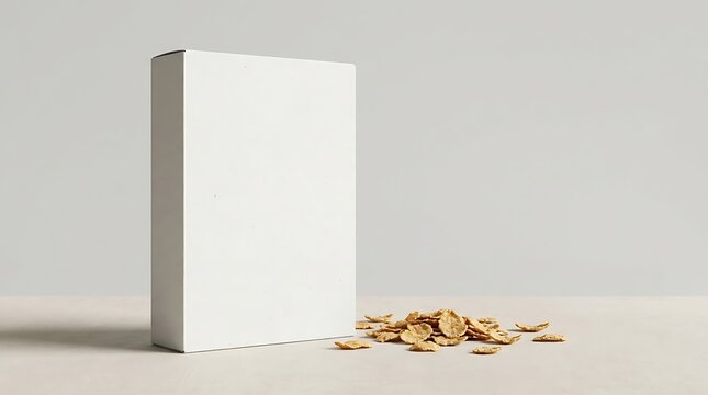 Blank white cereal box standing upright with some scattered crunchy corn flakes on a clean surface. blank cereal box