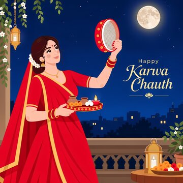  Indian Woman Holding Sieve Under Full Moon Vector  Celebrating Karwa Chauth Festival