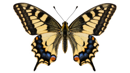 Obraz premium Yellow and black swallowtail butterfly with blue and orange markings, isolated on transparent background
