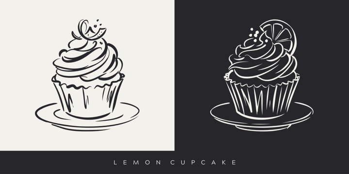 Hand drawn lemon cupcake sketch illustration with citrus slice garnish in line art
