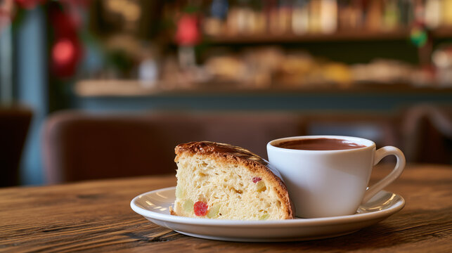 Rosca de reyes cake with candied fruit and hot coffee served at a cafe for three kings day epiphany celebration. 