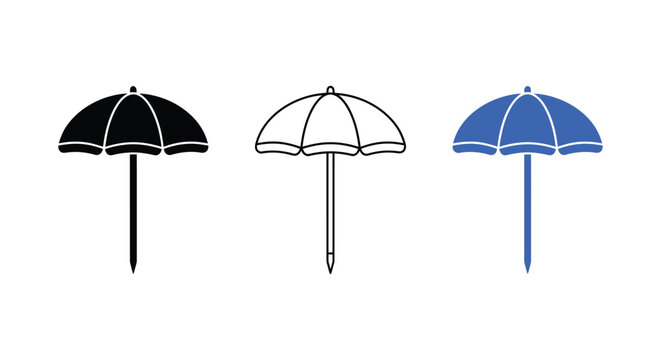 Beach umbrella silhouettes are presented in black outline and blue color variations parasol shade shelter