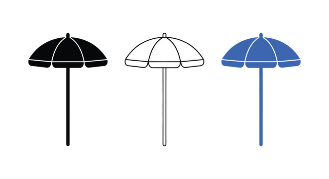 Beach umbrellas in black outline and blue variations are displayed on a white background parasol
