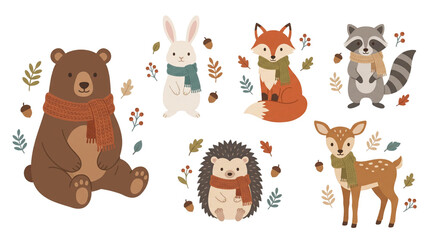 Obraz premium Cute Forest Animals Wearing Scarves Illustration.