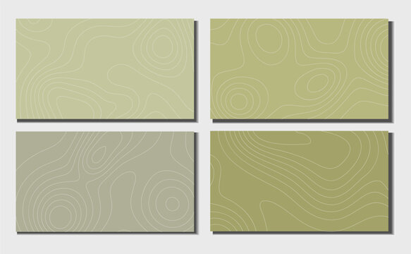 Set of four abstract topographic contour maps in muted sage and olive greens with white elevation lines forming organic terrain patterns, ideal for backgrounds and nature-inspired design.