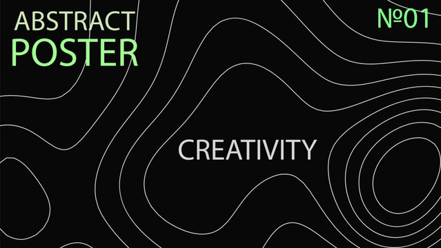 Abstract poster  with white topographic map contour lines on a dark background