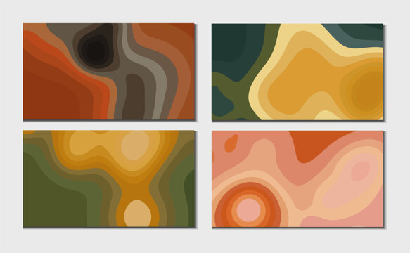 Set of four abstract topographic map style background textures in earthy color palettes (orange, brown, green, beige)