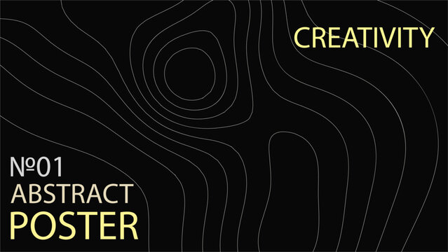 Abstract topographic line art poster. Minimalist dark background with wavy contour map pattern. Modern black and gold geometric banner for branding, covers, and fluid layout design.