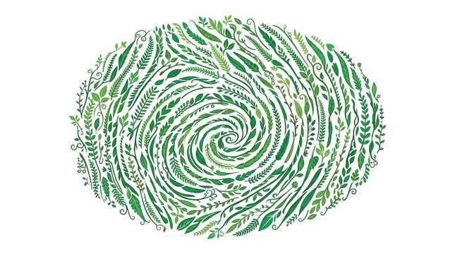 Green leaf spiral pattern on white background, organic botanical leaves swirl art, eco natural floral frame illustration