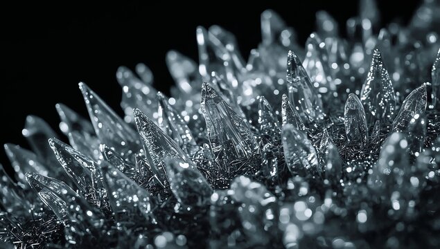 Macro shot of magnetic ferrofluid spikes glistening with metallic texture on dark background