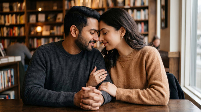 Intimate romantic portrait of an Indian couple holding hands warmly across a table inside a cozy library cafe. Soft ambient indoor lighting beautifully highlights their genuine smiles.
