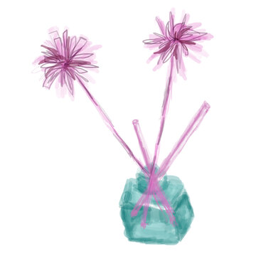 Abstract hand drawn watercolor pink flowers in a teal vase illustration isolated
