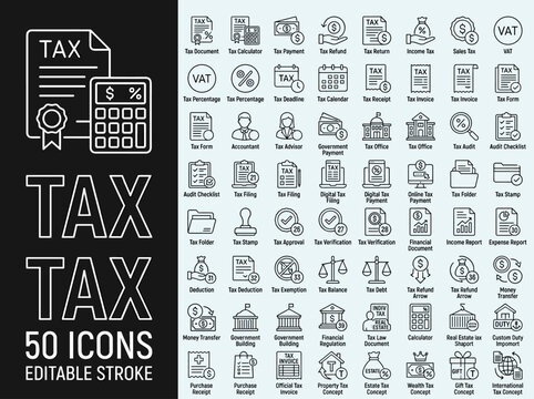 Tax Finance and Accounting Outline Icon Collection with Calculator Tax Documents Banking and Business Symbols Vector