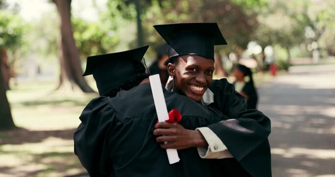 Diploma, friends and handshake with hug for graduation event, shared success and degree completion. Happy, men and embrace with scroll for masters qualification, congrats or graduate ceremony outdoor