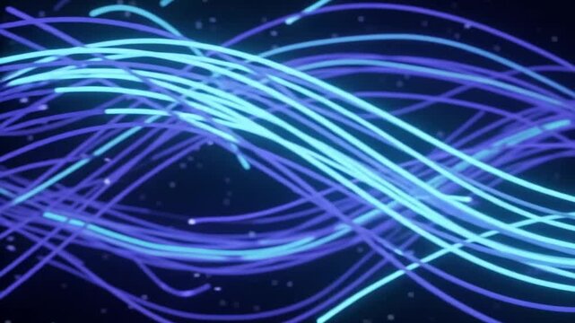 Cinematic lateral tracking shot of vibrating light speed filaments in electric cyan and violet