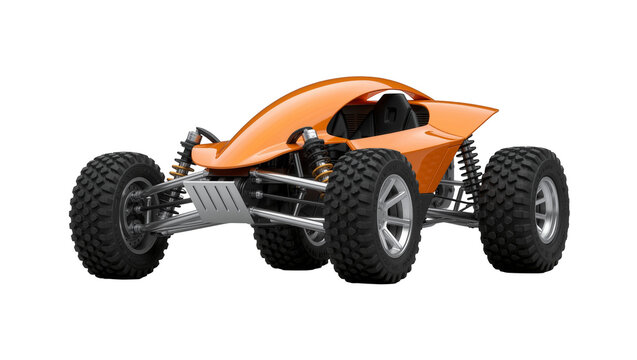 Orange futuristic dune buggy with large tires, isolated on transparent background