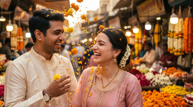 A deeply romantic lifestyle portrait of an elegant Indian couple dressed in traditional attire. They gaze lovingly at each other inside a colorful, festive flower market.