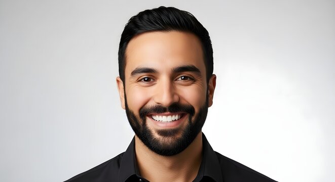 Confident Professional Man Smiling with Beard in Black Shirt on White Background. Ideal for corporate profiles and professional LinkedIn headshots.