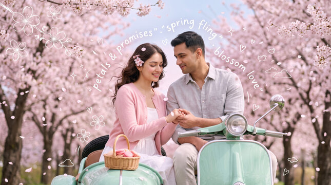 Whimsical dreamy photo of a young Indian couple on a mint vintage scooter with a sidecar in a stunning cherry blossom park. Beautiful pink petals and soft spring light surround them.