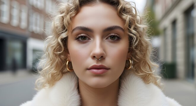Stunning Portrait of a Young Woman with Curly Blonde Hair featuring a septum piercing and white faux fur coat against a blurred urban street background ideal for fashion editorials and beauty.